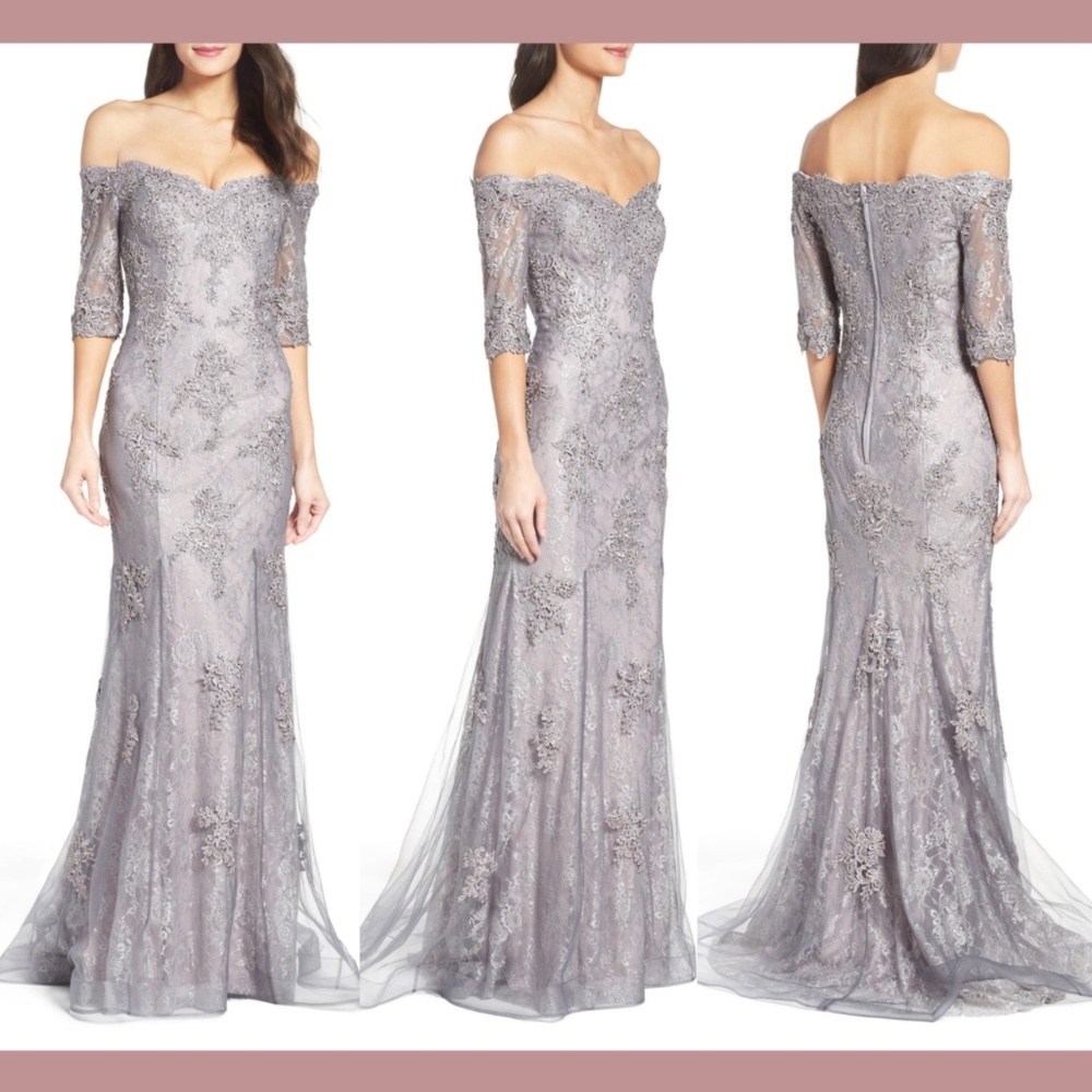 NEW $598 LA FEMME [ 4‎ ] Off the Shoulder Lace Mermaid Gown in Grey/Pink